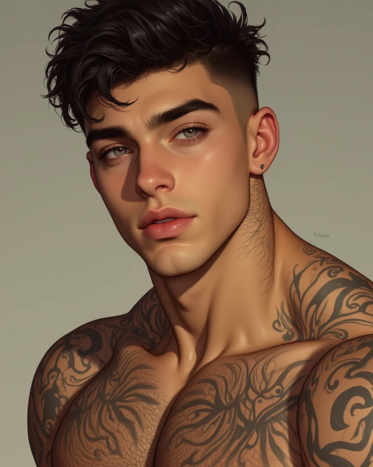 a young man AI high quality muscular tattoo with name ruy light skin tanned piercing gaze light pink mouth with realistic bedroom background
