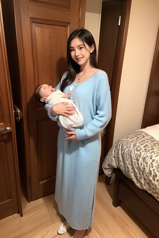 cewek indonesia, usia 25 tahun, wear simple clothes, hair tied, holding a 1 year old baby, in the room