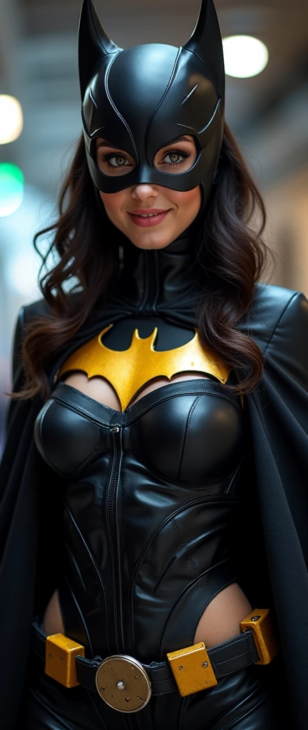 Female, 20 years old, short black wavy hair、bangss、batwoman costume, huge breast, in boulevard, battle stand, modelshoot