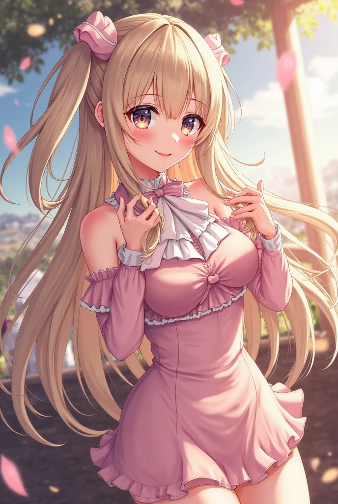 (leaning over:1.4), (masterpiece:1.2, best quality), (real picture, intricate details), 1girl, solo, absurdres, cowboy shot, standing, outdoors, :3, smile, bear girl, bear ears, ((light pink dress)), frills, very detailed dress, white thighhighs, platinum blonde hair, gray blue eyes, long hair, ((red)) strawberry choker, smile, open mouth, one fang, large breasts, cleavage, sleeveless dress, arms behind back,
