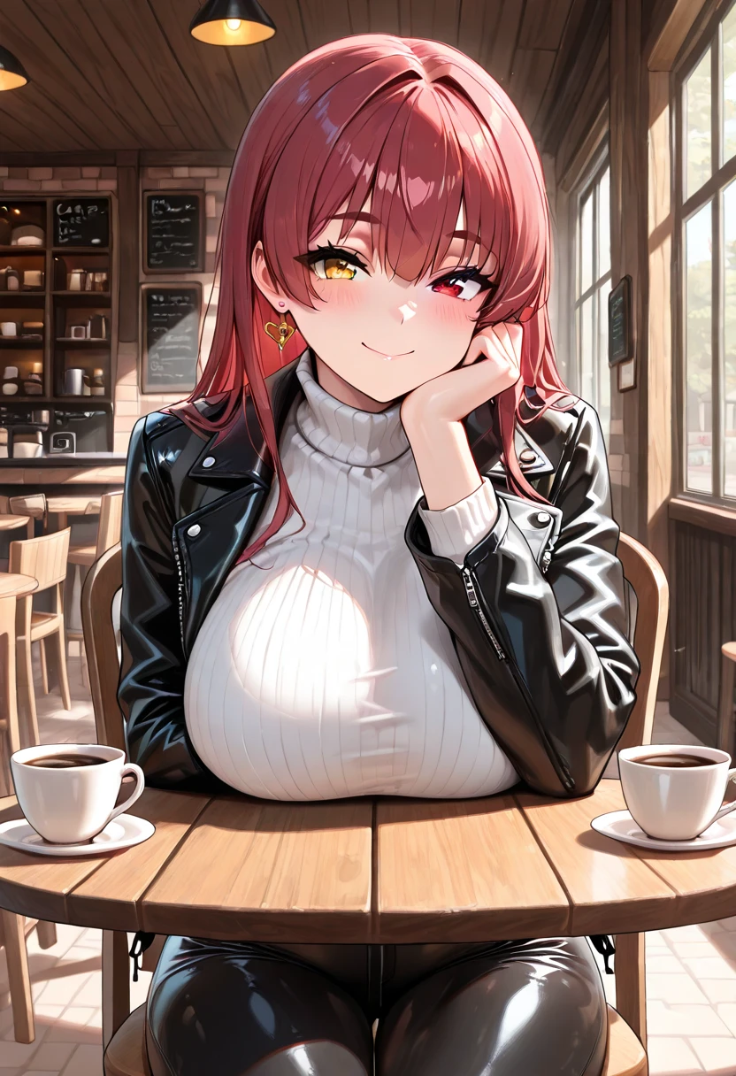 ８K, Highest quality, masterpiece, Ultra-detailed、（Black Hair,Pink hair dip-dye hair）　、Medium Hair、full lips、１８Year-old beauty、Portrait、Cafe、Blushing、、T-Shirts
