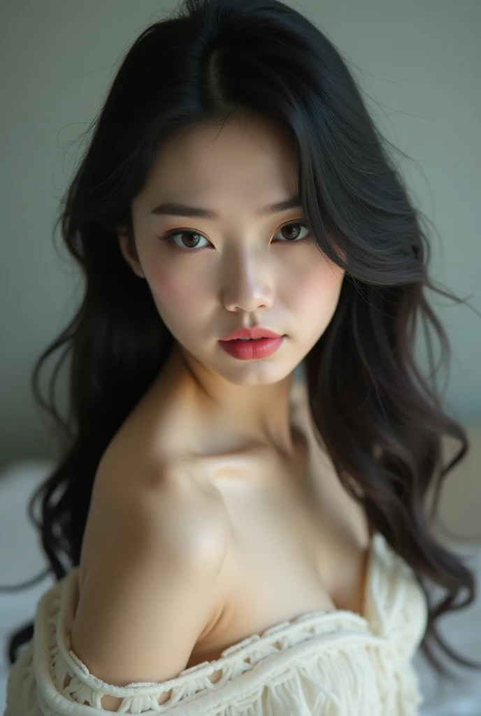 Sexy Asian brunette with blue eye topless