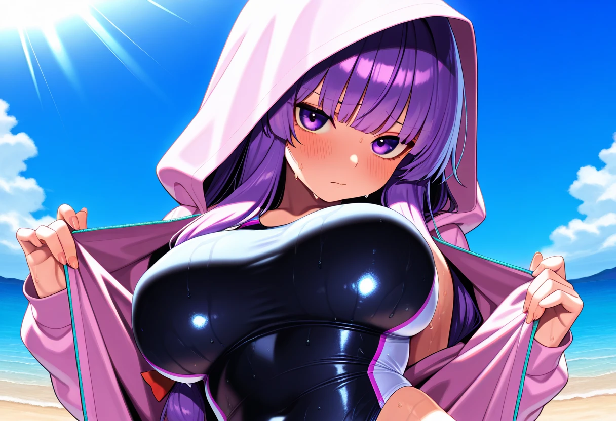 masterpiece, best quality, 1 mature female, Raikou, motherly smile, huge breasts, purple hair, GhostCostume, sleeves past wrists, hood, <lora:CHAR-FGO-Raikou_Hard:0.6>, <lora:Clothing-GhostCostume(sleeves past wrists.hood)V1:0.8>