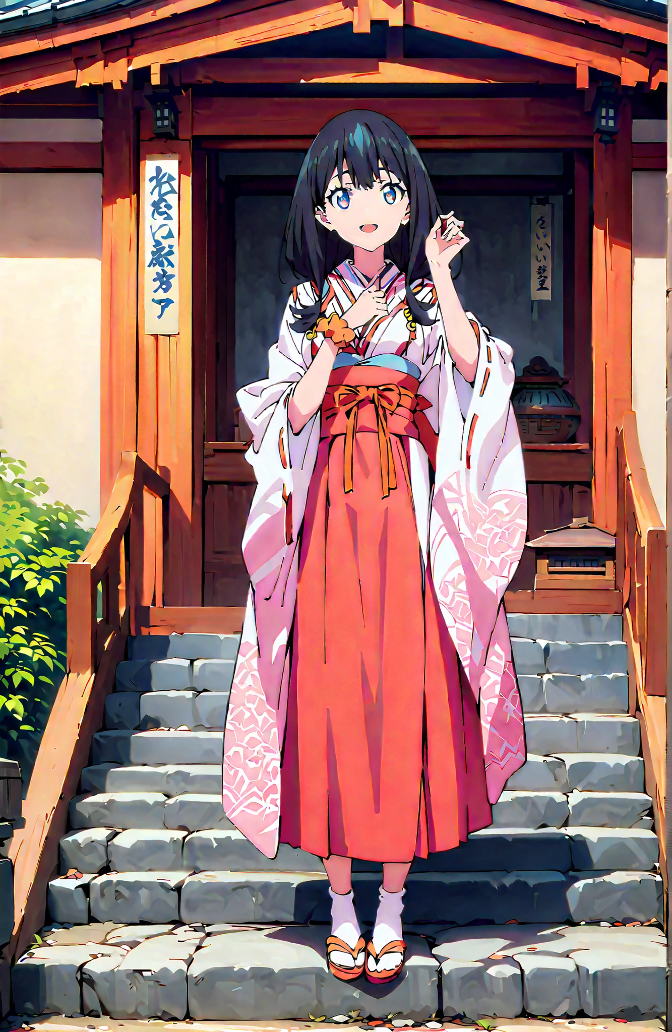 score_9, score_8_up, score_7_up, source_anime, It's because of Rikkata, black hair with a young pattern, blue eyes, long hair, orange scrunch, scrunchie, Wrist Scrunches , smile,cover,Open Your Mouth,Orange wrist scrunch, Shrine maiden, kimono, object, Red Hakama Skirt , Wide Sleeves, long sleeve, ribbon trim sleeve,Sandals, white socks, standing on a stone staircase,noon,full bodyがillustrationsに入るように,break outdoors, shrine,
break looking at viewer,full body,
break (masterpiece:1.2), Best Quality, high resolution, Unity 8k 壁紙, (illustrations:0.8), (beautiful detailed eyes:1.6), very detailed face, so that it fits into the illustration, Extremely Detailed CG, (perfect hand, perfect anatomy),