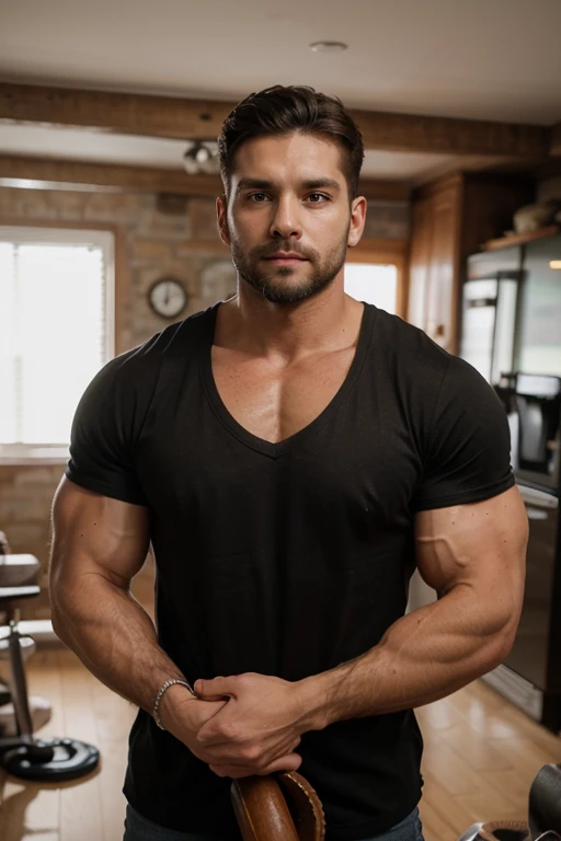 obra maestra, Mejor calidad, high resolution, Portrait of a man in a lumberjack suit (cuadros blancos y negros), cuerpo completo, muscular, (con camisa: 1.2) enfoque masculino, enfocarse solo, piel bronceada, 38-year old man, muscular, fuerte, peludo, Masculino, (descamisado: 1.2), HDR, volumetric lighting, (plano general, desde el frente:1.2) (GS-Macho :1.5) (magnificent landscape:1.2). Blue jeans backside