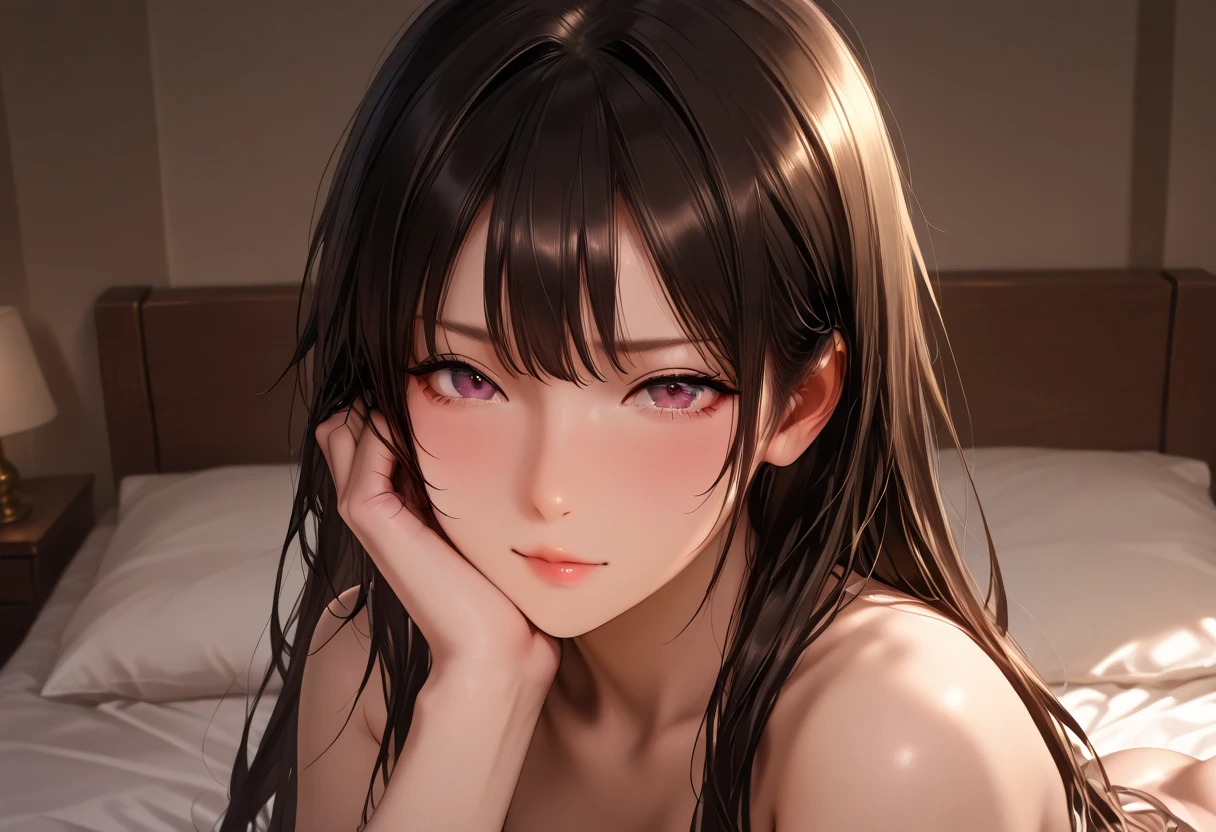 In 8K、highest quality、masterpiece、super detailed、ultra high resolution、anime style、on the bed、lie on your back、Light-colored yukata、bare shoulders