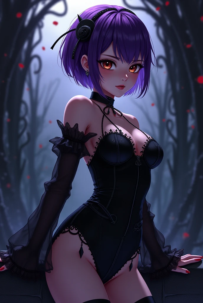 Masterpiece, Beautiful art, professional artist, 8k, art style by sciamano240, Very detailed face, Detailed clothing, detailed fabric, 1 girl, Soul Fullness \(Honkai Impact 3rd\), standing, BIG BREASTS, perfectly drawn body, shy expression, 4k eyes, very detailed eyes, pale skin, beautiful face, short dark blue hair, (shiny black tight bodysuit), black gloves, gloves that cover hands, Sensual Lips , evening de invierno, show details in the eyes, looking at the viewer, Dark road, dark forest, evening, Atmosphere, fog