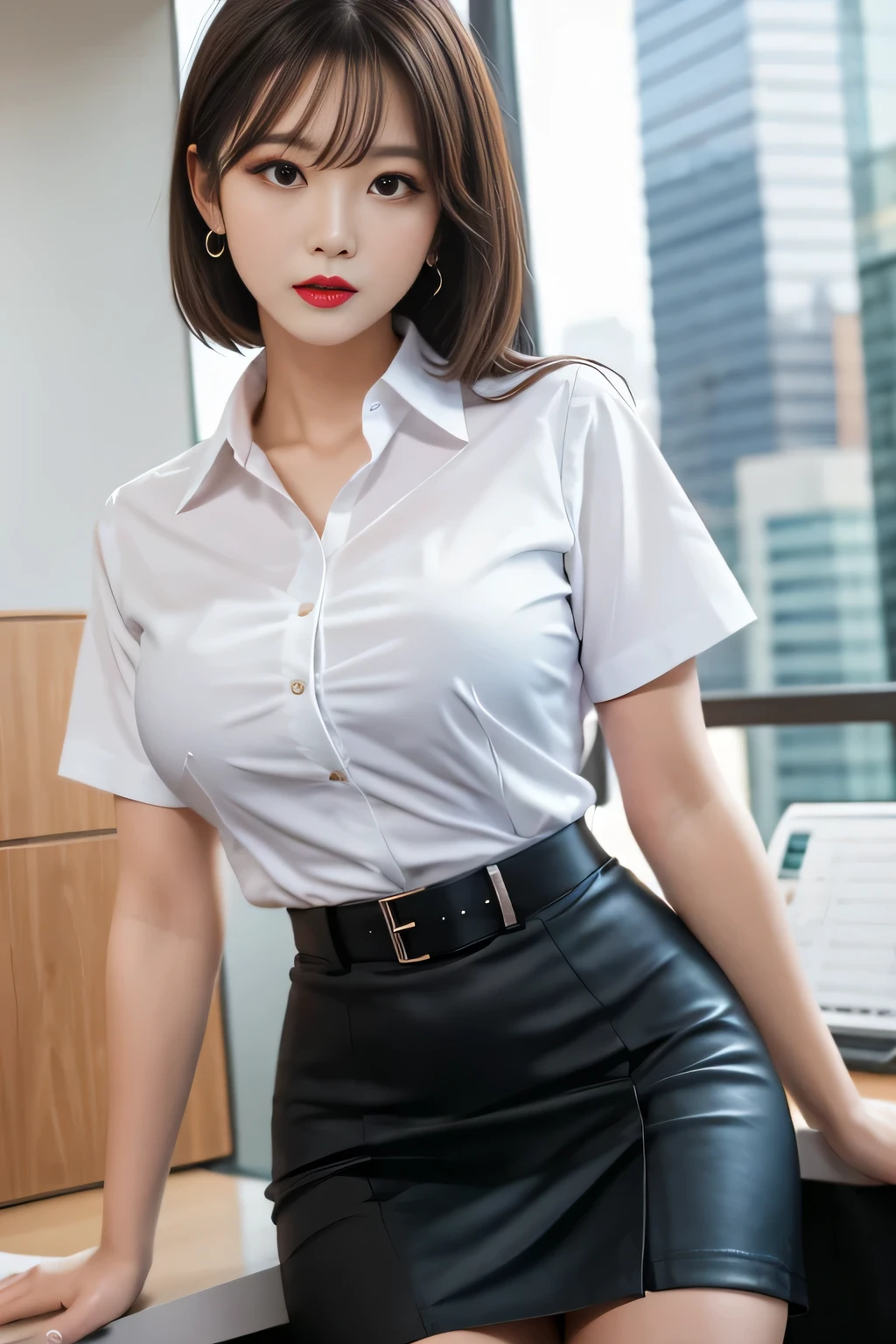 upper body, close-up.
High-resolution, photo-realistic images, masterpiece, looking at the viewer,
Super beautiful girl, closed mouth, staring at the viewer,
Glamorous body, charm, wavy hair, red lips,
Tight-fitting business shirt, just-fitting short sleeve, high-waist pencil skirt, (shirt tucked into skirt:1.5),
Office district, skyscrapers in the background.