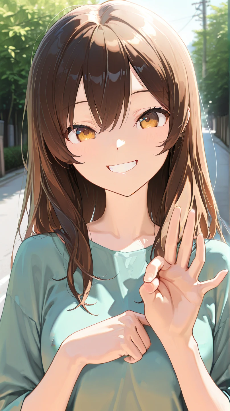 masterpiece, 最high quality, great quality, high quality, high resolution, general,
girl, solo,  upper body, smile, :d, teeth,  right handed hand p3n ,  left hand looking at viewer/p3n, Outdoors,