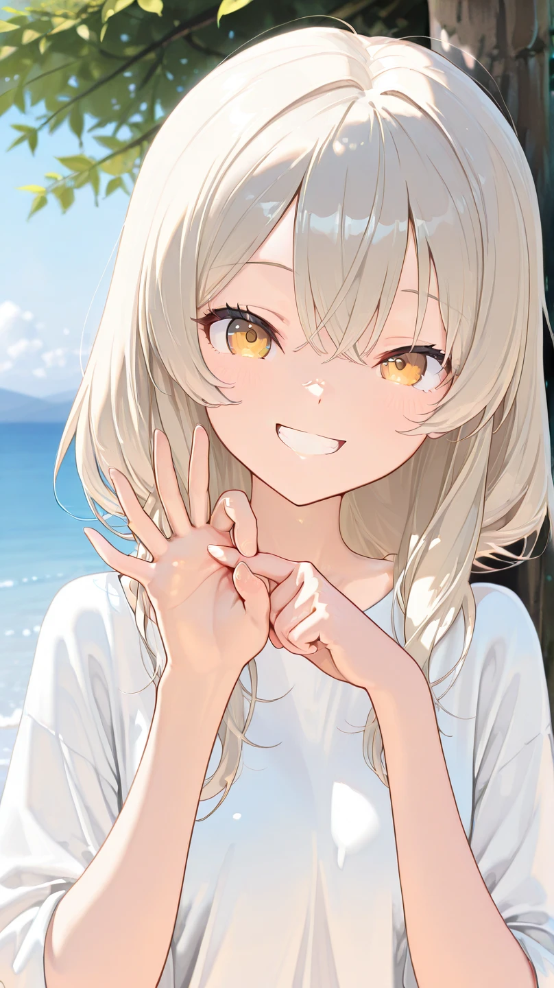 masterpiece, 最high quality, great quality, high quality, high resolution, general,
girl, solo,  upper body, smile, :d, teeth,  right handed hand p3n ,  left hand looking at viewer/p3n, Outdoors,