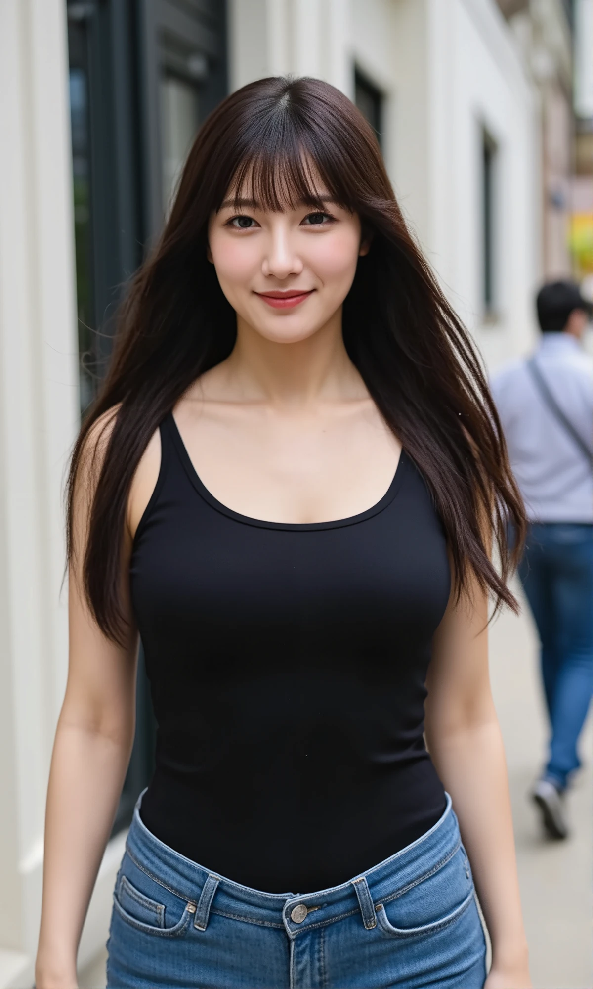 (mature adult woman wearing a leotard1By people),beautiful black hair,super straight hair,With bangs,((Fluttering Hair)), realistic person images in dark waters,Realism,Best Quality,mastepeice,Best Quality,best image quality,highest resolution,fine details,Beautiful detailed face,black eyes,((realistic skin)),detailed background,( Exact Upper Body),(perfect upper body),(((upper body))),((Realismのある肌)),(smiles),(((super big ))),(((((Wear jeans))))),(((((wear a tank top))))),(((Standing and walking down the street))),((((Large breasts))),((((walking through the office district)))),((((Walking through the office district)))),