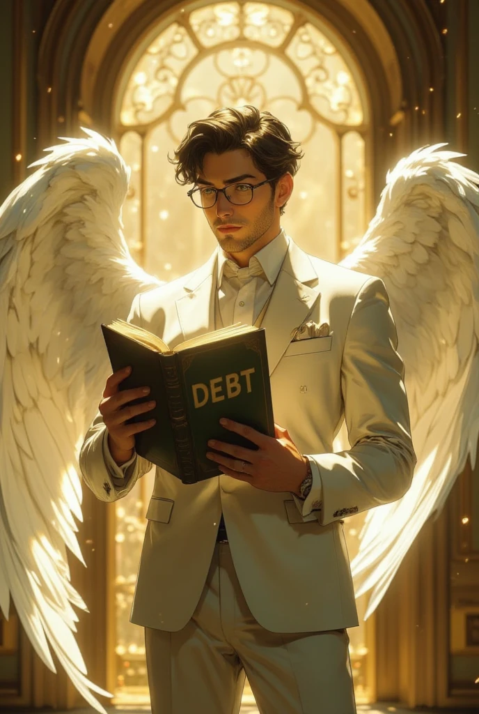 a handsome angel, he is a debt collector angel, white suit, he has a big smile, eyeglasses, big wings, standing in front of a golden door, he holds a big note book with text "DEBT", and a pen. animeart, masterpiece, best quality, amazing quality, very aesthetic, newest, highly detailed, high-resolution, volumetric lighting, cinematic, depth of field.