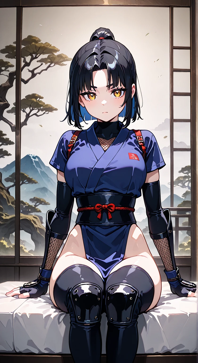 (Masterpiece Quality), one girl, Tatsumakis short hair, black dress with cutouts on the sides of the hips with a high collar, long v-neck, modest smile, (background roof Japanese city top view), huge thighs, rosy cheeks