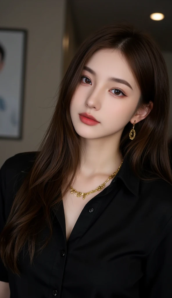 extreme close-up of beautiful korean female, 34 inches breasts size, wearing black and gold tank top, necklace, rest one's chin on one hand, in computer table, uhd