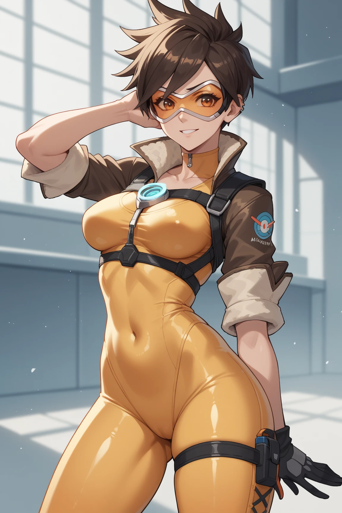 VHS cover for a porn starring tracer. sex. gangbang. naked. nude. slut. small_boobs. freckles. pornstar nsfw. full body view.