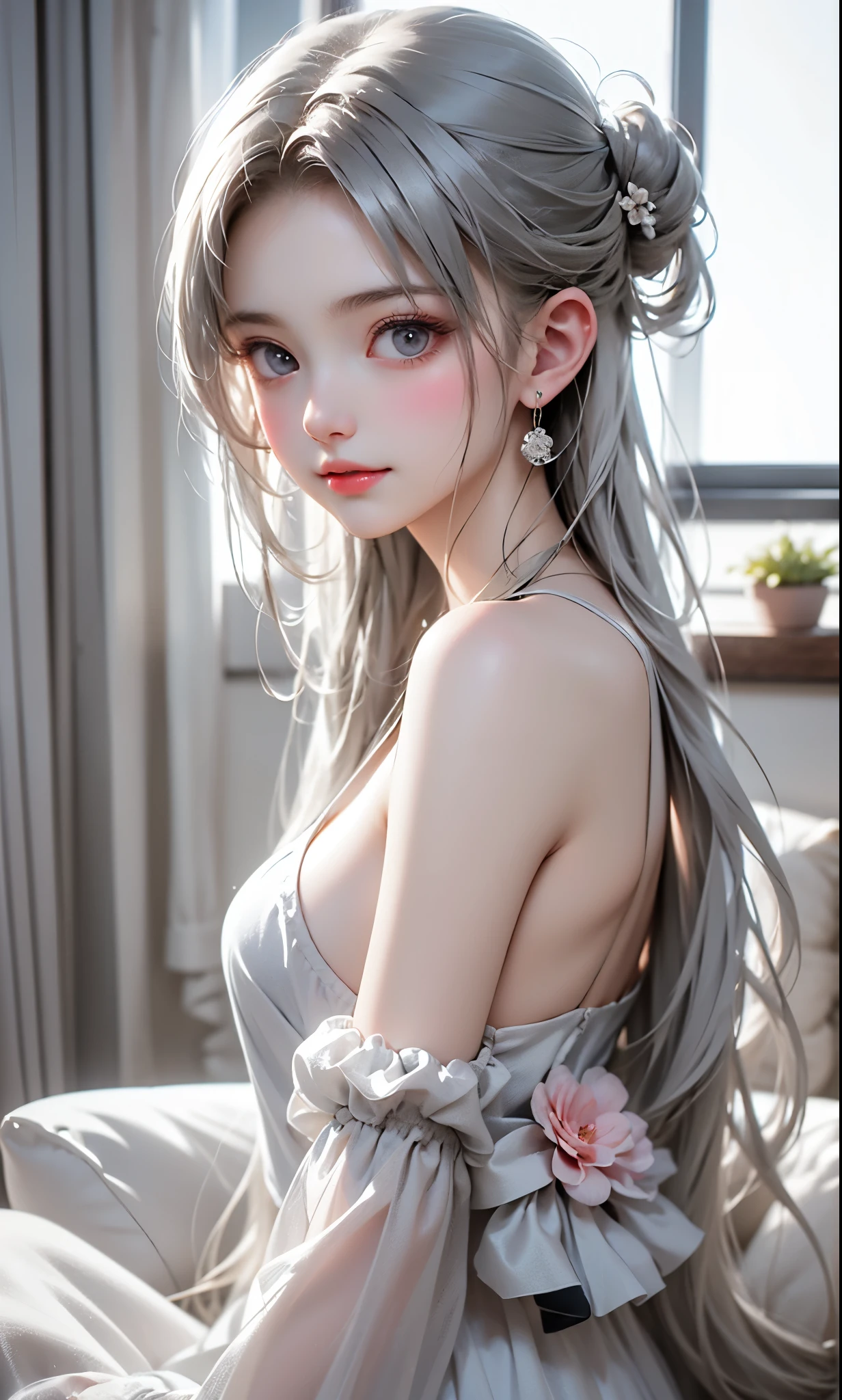 long hair anime girl and butterfly necklace sitting on bed, artwork in the style of Gu Weiss, Gu Weiss, Beautiful anime girl, Anime style 4k, long hair anime girl, Beautiful anime style, Beautiful anime woman, Charming anime girl, Anime style digital art, Beautiful anime portrait, Silver Hair (Ponytail), Beautiful anime girl, Digital Animation Art