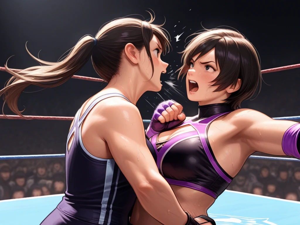 During a match with an opponent in the ring。A scene where a beautiful mixed martial artist is punched in the body by her opponent.。Open your mouth wide and scream。whole body。Sweat。muscle。six pack。scratch。Bruise。shortness of breath。