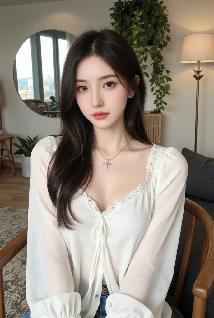 White plain blouse、don't open your chest、Close the button