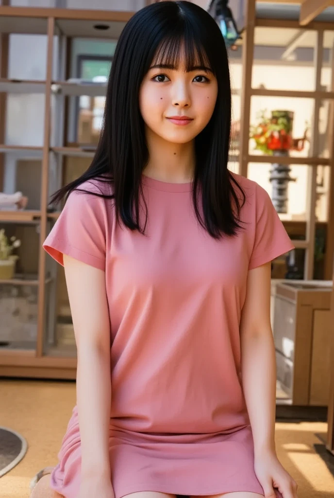 girl, Black bob cut, oversized T-shirts, large breasts, upper waist, looking away, Subdued lighting effect, happy smile, parted lips