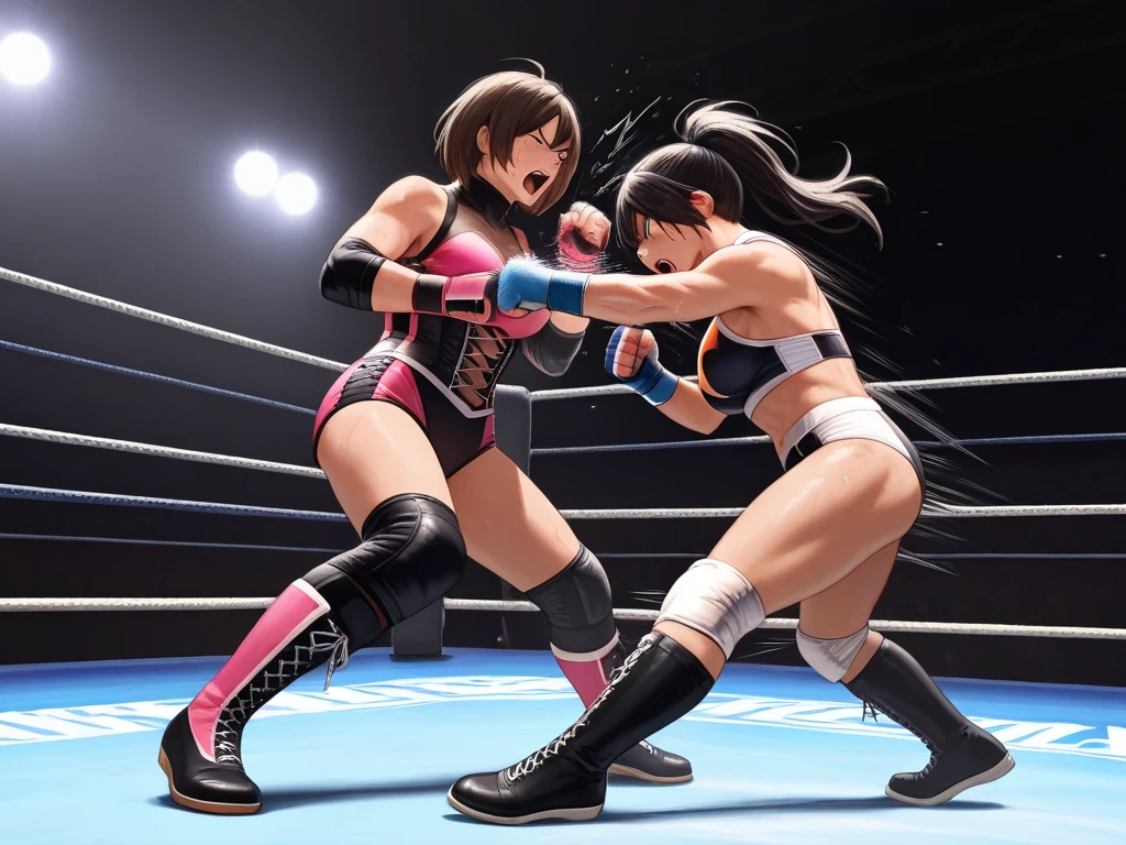 Punching or kicking the opponent's body。A battle royal between two beautiful young heavyweight female mixed martial artists。Bruised Belly。Covered in wounds and in a bad shape。They are fighting violently。Suffering from damage。Mouth open and dripping blood。Facial swelling。Bruised body。With one eye closed, it seems painful。Fighting inside the Octagon。I'm soaked in sweat。Ripped and tattered sports bra and bikini、Open Finger Gloves。Erect nipples。Short black hair。Super big 。Thick thighs and armuscular。Six Pack Abs。