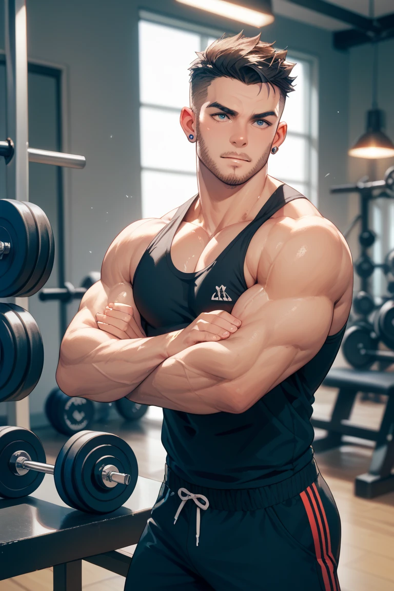 sexy tan man hairy flexing gym background