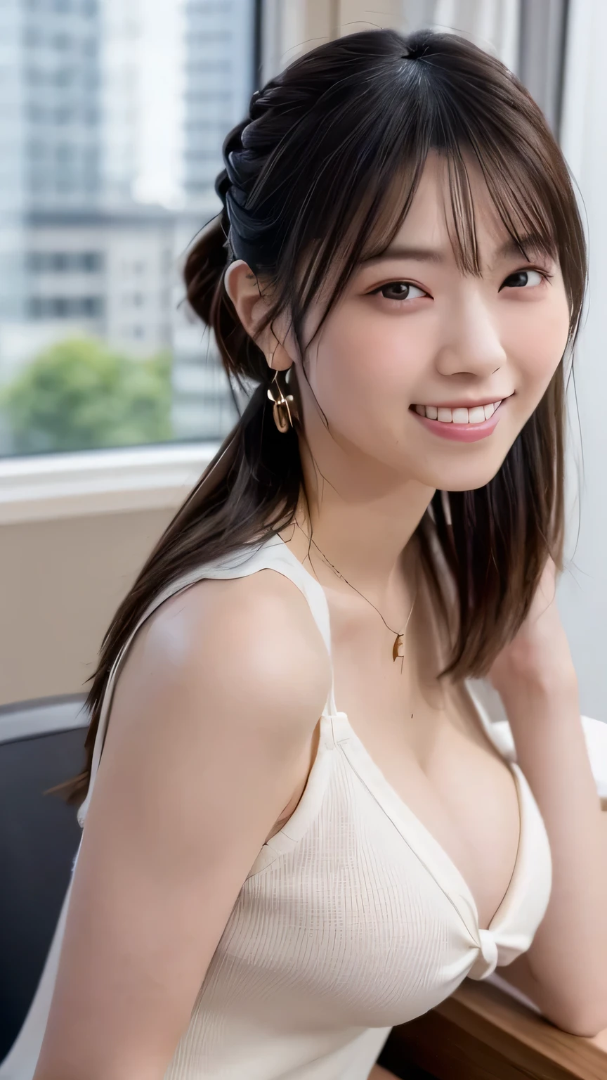 Highest quality, (beautiful)、university student、smile、peace sign、Semi-short、Earrings、Open-chested clothing