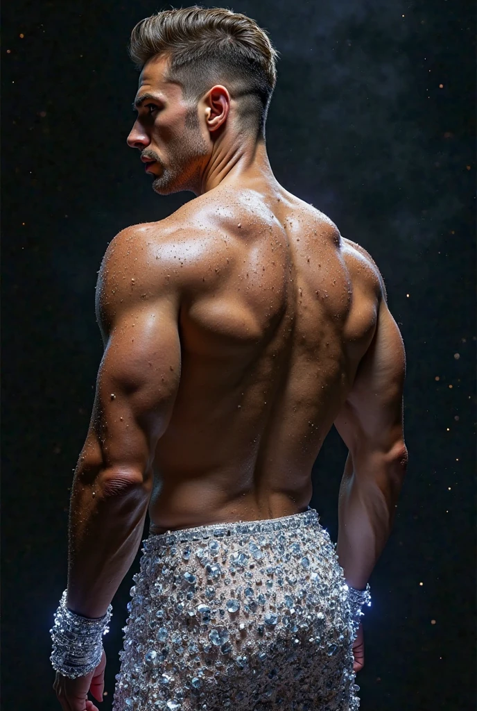 an incredibly handsome and attractive young man with big muscles, con bigote y barba corto, mustache, beard, Big muscular body , 40 years old with short dark blonde hair and light brown eyes., cuerpo completo, muy nalgon, angular jaw, Alto y muscular, vaqueros & Botas. Big Muscular body, ((big Bubble butt)) Naked blue white Jeans backside man