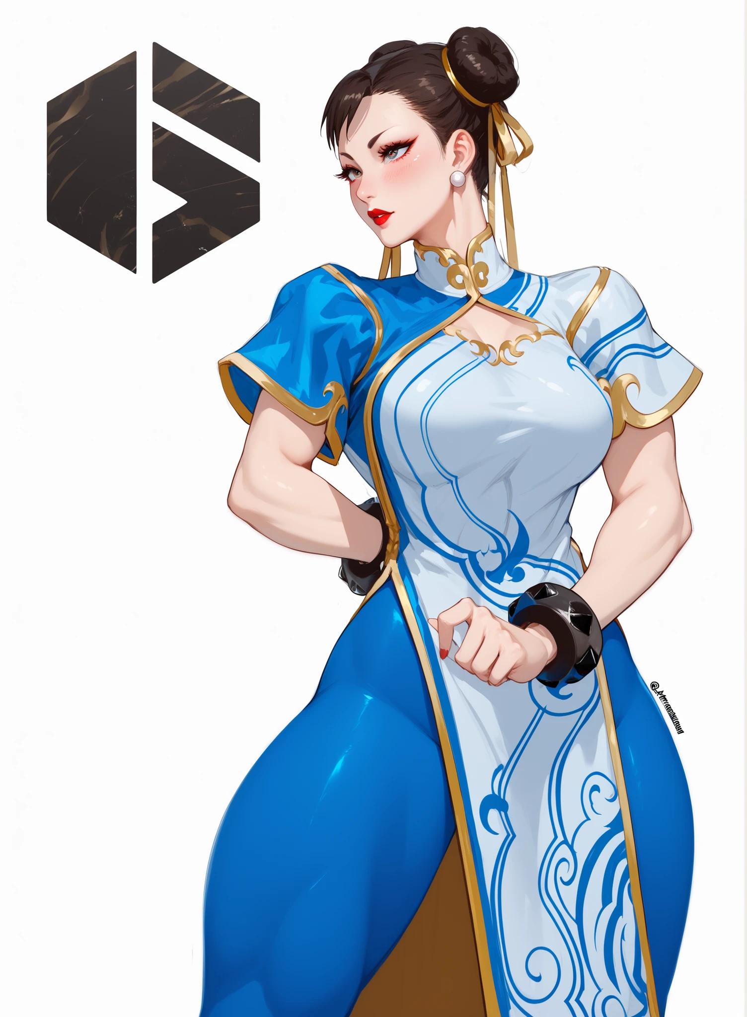 chun li,big butt, clean, big breasts, big thighs, red lipstick, ,blush, beautiful eyes, clear eyes