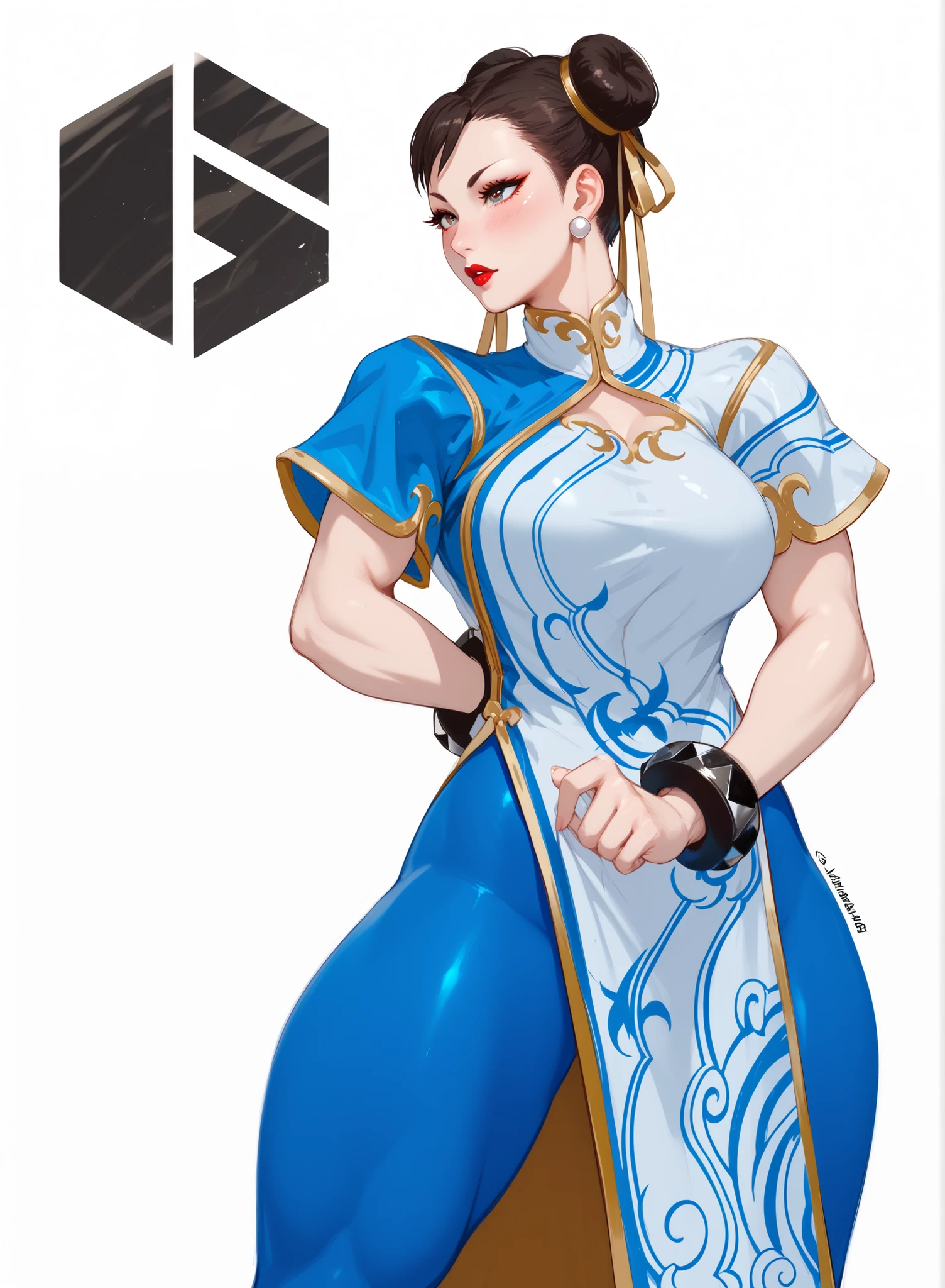 chun li,big butt, clean, big breasts, big thighs, red lipstick, ,blush, beautiful eyes, clear eyes