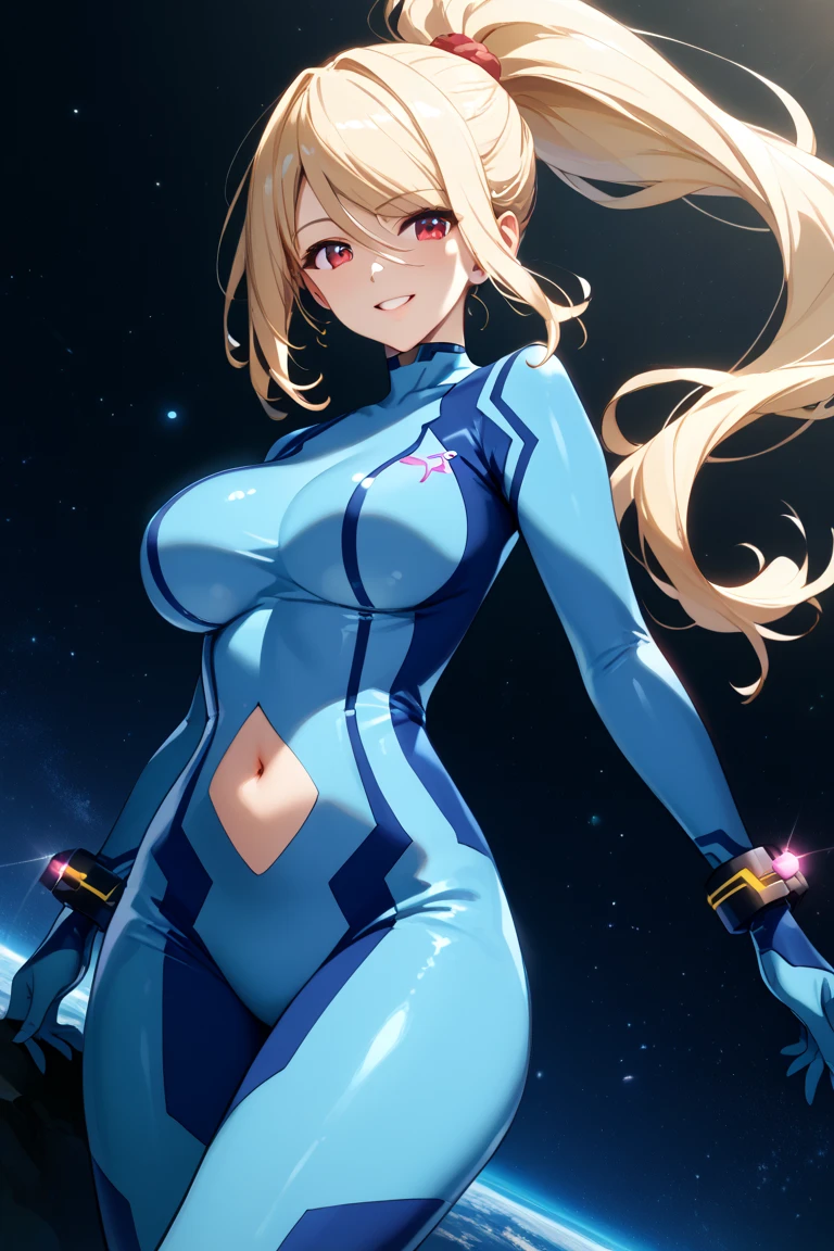 1girl, light blonde hair, aquamarine eyes, boots, breasts, bracelets, cleavage cutout, full body, hair ornament, hairclip, shoulder-length hair, full body with costume, leotard, white leotard with blue accents, bare legs, white stockings, white boots, medium breasts, solo, standing, superhero, (lighting logo on chest), beautiful detailed eyes, beautiful detailed face, age 18, ahoge, full body zenkai! asuka suit, full body portrait, body infused with electricity, diffraction spikes, heroic, standing straight, hands on hip, cowboy shot, city backdrop