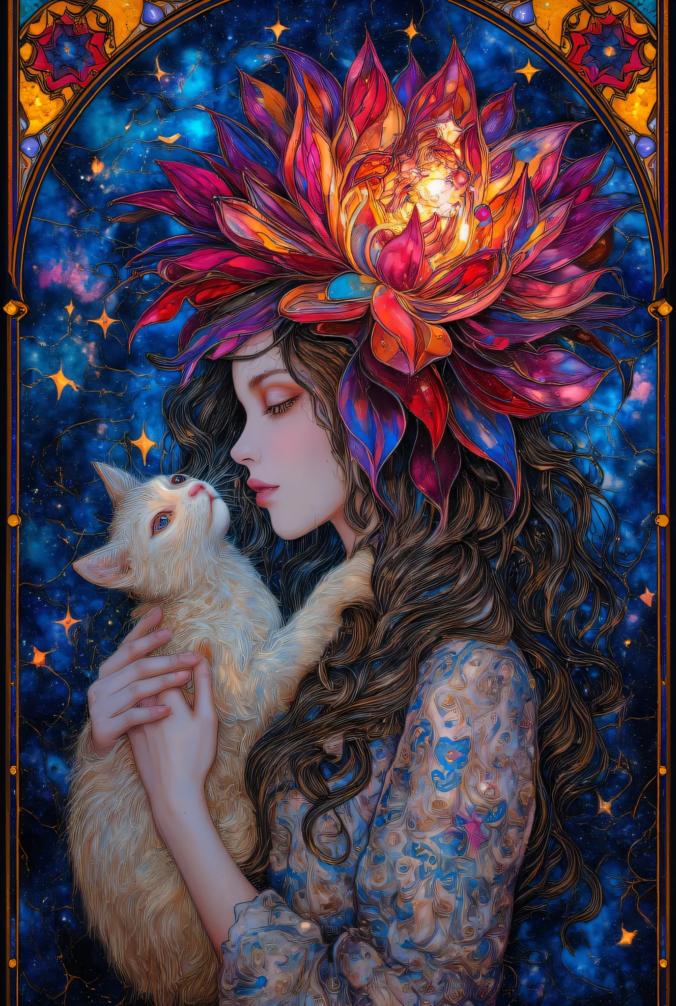 Best Quality、 A girl holding a cat with a flower with many petals on her head, a beautiful girl、curly hair、Blending into space, by Virgil Finley , Inspired by Dan Hillier , Night Sky、Meteor Shower、Disney and Dan Hillier , Mobius and Dan Hillier , inspired by Virgil Finley , Under the stars, Complex and colorful illustrations, Virgil Finlay's Style , ArsMJスタイル, Stained Glass, James Jean Style