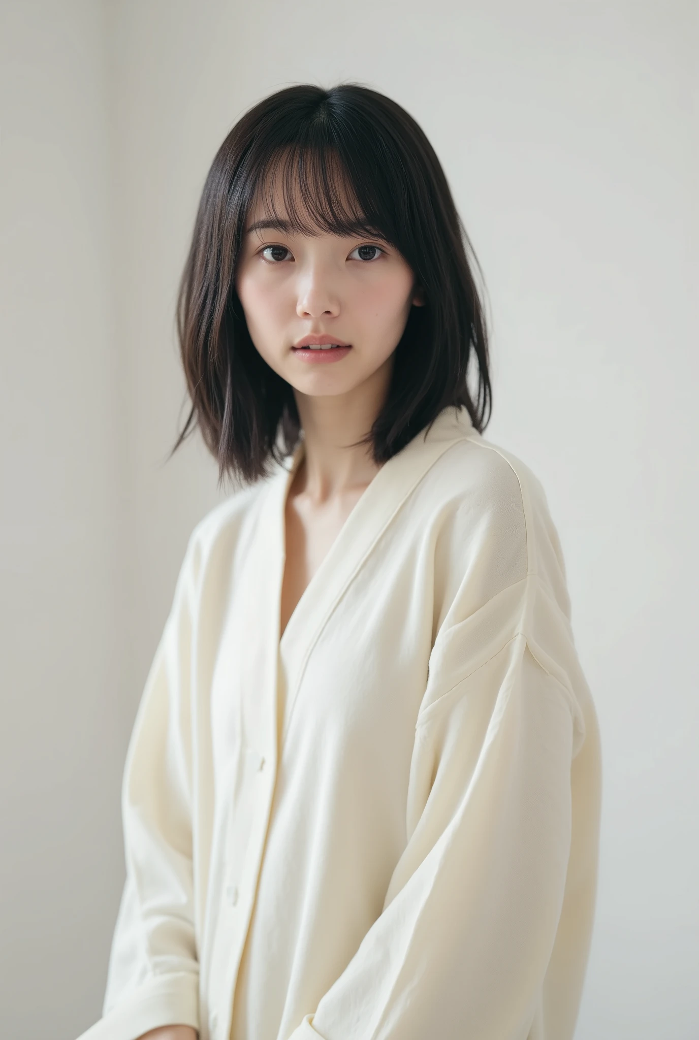 Create an image of an exceptionally beautiful Japanese girl with fair skin. She is standing relaxed in her white room, wearing comfortable loungewear. Her straight, semi-short hair frames her face softly. The ambiance is enhanced by cinematic lighting, creating a cozy and inviting atmosphere.