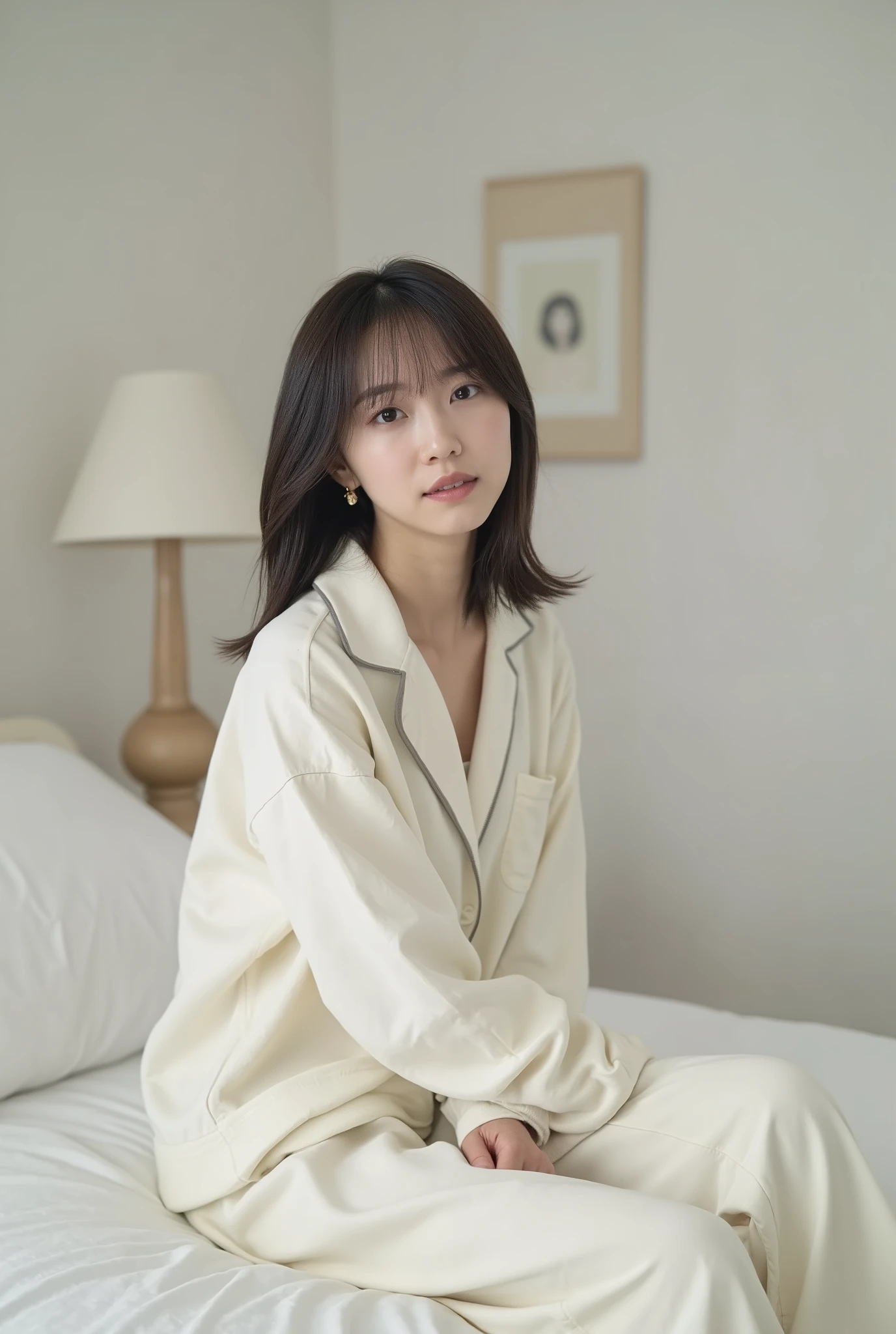 Create an image of an exceptionally beautiful Japanese girl with fair skin. She is sitting on the bed in her white room, wearing comfortable loungewear. Her straight, semi-short hair frames her face softly. The ambiance is enhanced by cinematic lighting, creating a cozy and inviting atmosphere.