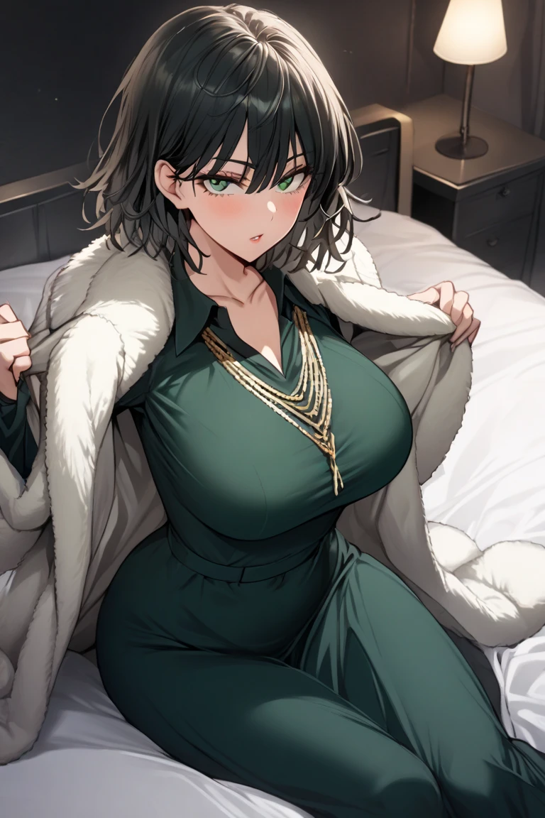 high res, HD, 4K, masterpiece, absurdres, high details, sfw, a girl, cozy house background, winter, beautiful eyes, small chest, mischievous, elegant, enticing, extremely detailed face, adult face, mature face, milf face, adult body, green emerald eyes, foxy mature eyes, adult milf eyes, extremely detailed eyes, long eyelashes, eyeliner, frowned eyebrows, smirk smile, malicious smile, sly smile, closed mouth, full lips, brown hair, straight hair, straight bangs, shoulder length hair, hair cut at her shoulders, medium length hair, hourglass body, small boobs, small breasts, large hips, big butt, large ass, thick thighs, pierced ear, piercing on ears, thigh high boots, turtle neck dress, wool dress, cozy outfit, purple nails, gold jewellery