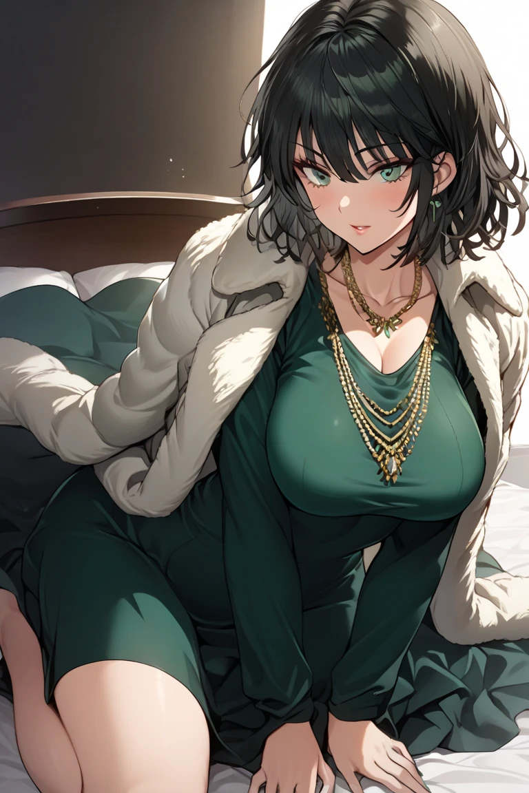 fubuki, fubuki, Black hair, (Green eyes:1.2), Short hair,Large breasts，cleavage，
BREAK black dress, dress, Fur coat, High collar, jewelry, necklace, cropped shoulders, tight fit clothes, tightly dress,,
BREAK outdoors, City,
BREAK looking at viewer, Break (Masterpiece:1.2), Best quality, high resolution, Unity 8k wallpaper, (illustration:0.8), (Beautiful detailed eyes:1.6), Extremely detailed face, Perfect lighting, Extremely detailed CG, (Perfect hands, Perfect anatomy),