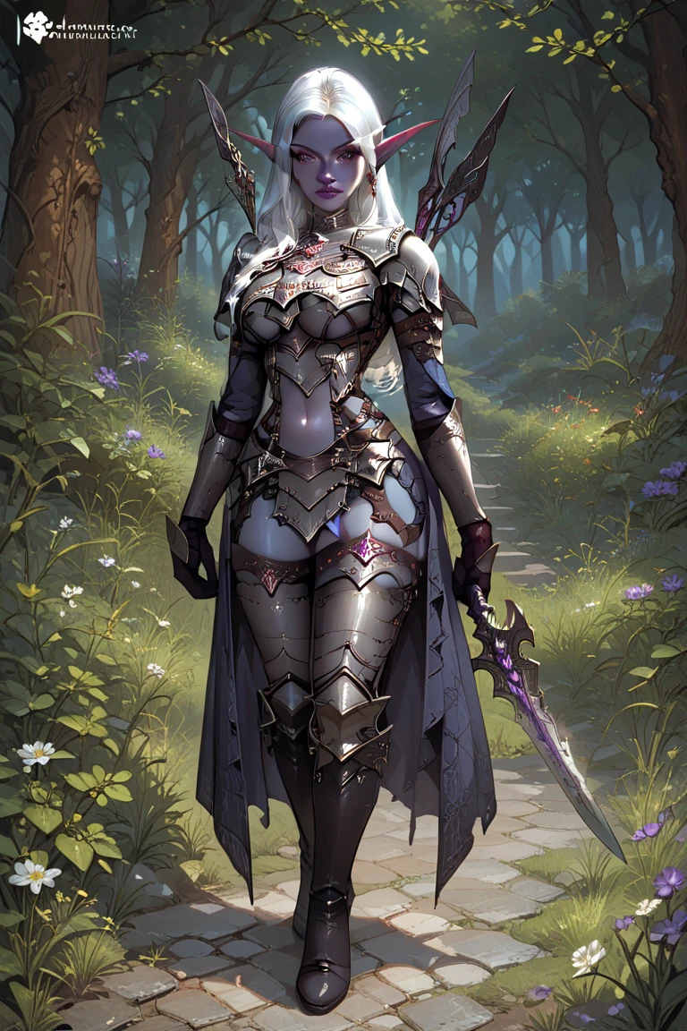 female body wolf, purple fur, long silver claws, arms outstretched, howl humain face, black skin, pink eyes, pink lips, prominent silver canine