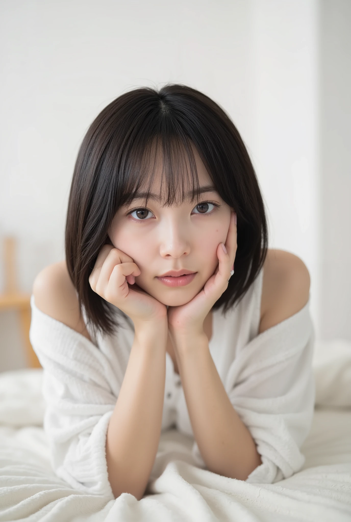 Create an image of an exceptionally beautiful Japanese girl with fair skin. She is lying on the bed in her white room, wearing comfortable loungewear. Her straight, semi-short hair frames her face softly. The ambiance is enhanced by cinematic lighting, creating a cozy and inviting atmosphere.