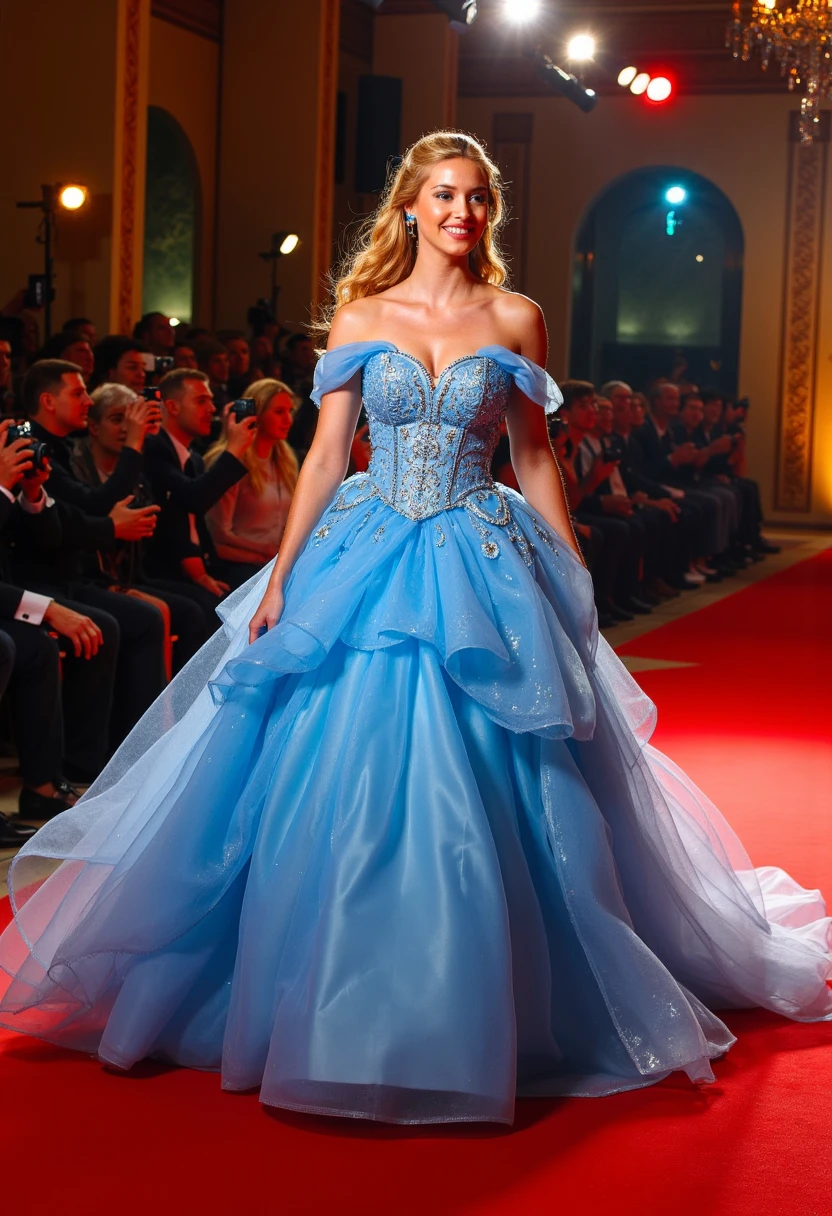 a cute woman, young woman, 25 years old, disney character themed outfit, sexy outfit, glamorous poses, fashion show, on the runway, in the spotlight, full body shot, detailed facial features, beautiful eyes, long eyelashes, detailed lips, high quality, 8k, photorealistic, masterpiece, vivid colors, studio lighting, concept art, fantasy, disney, digital painting
