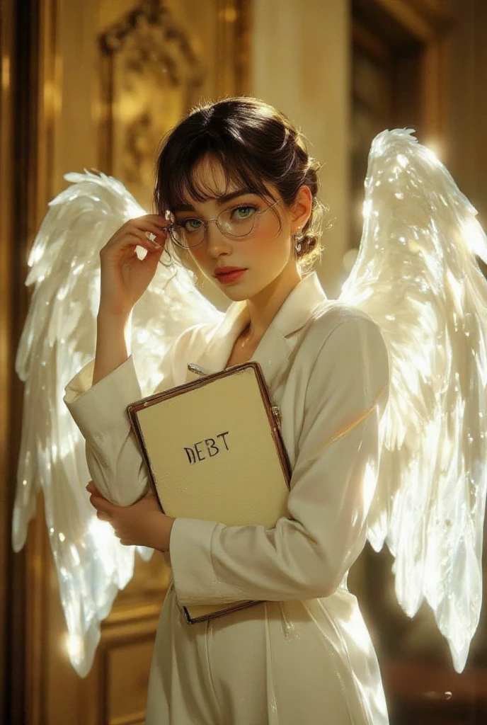 a handsome angel, he is a debt collector angel, white suit, he has a big smile, eyeglasses, big wings, standing in front of a golden door, he holds a big note book with text "DEBT", and a pen. animeart, masterpiece, best quality, amazing quality, very aesthetic, newest, highly detailed, high-resolution, volumetric lighting, cinematic, depth of field.
