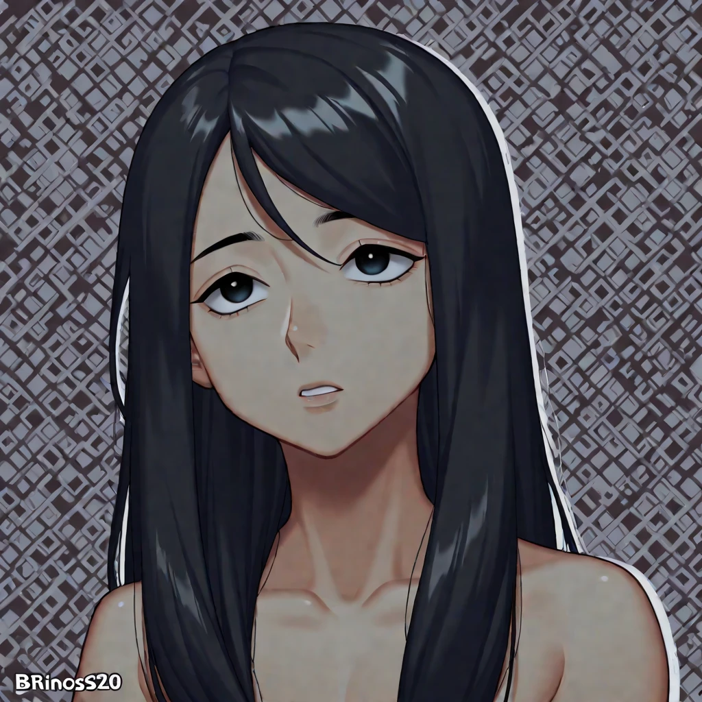 masterpiece, best quality, looking into the camera, 1girl, , topless, long black hair, white pale skin, amber eyes, white background, calm look, no background