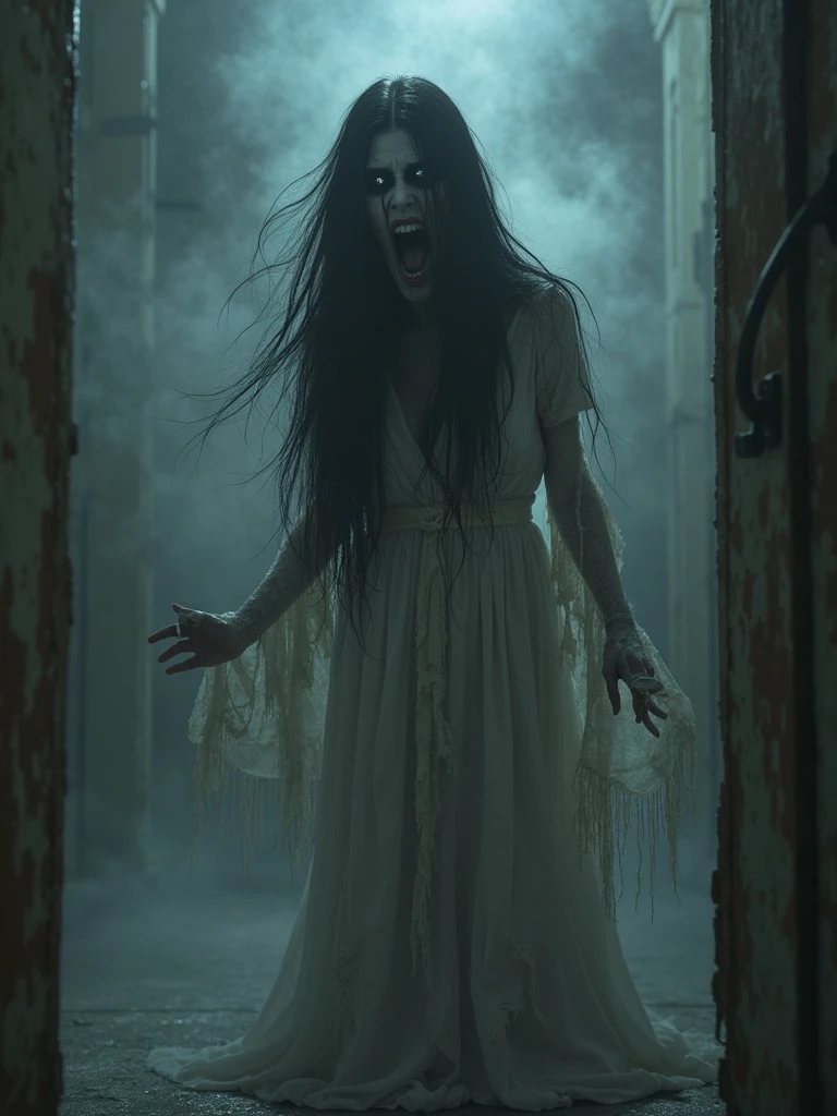Change face into beauty pale ghostly lady with dark eye shadow, yawning hillariously