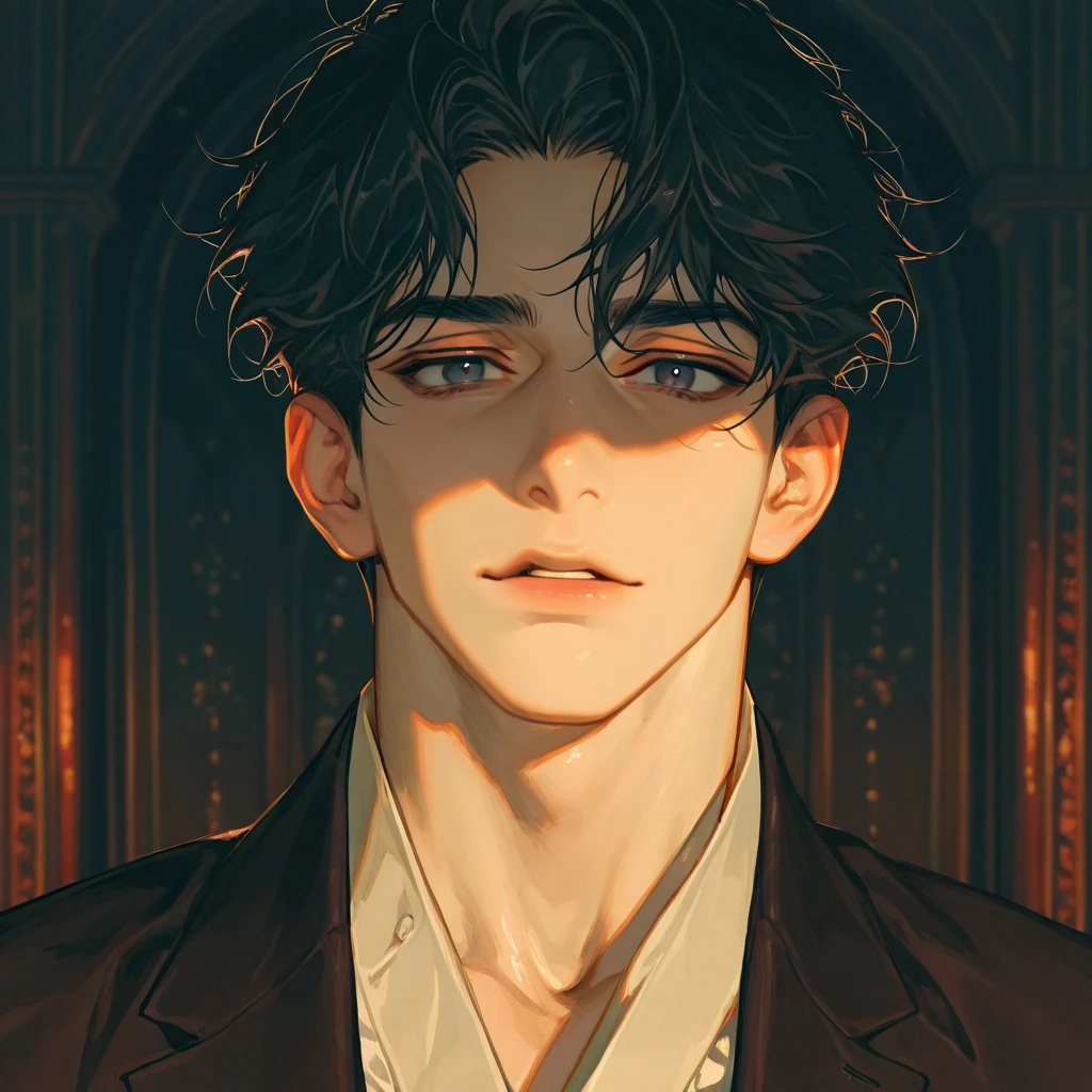 1 male,short dark hair,dark eyes,handsome,sharp expre…