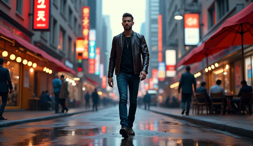 A man walking on street with holding lightning