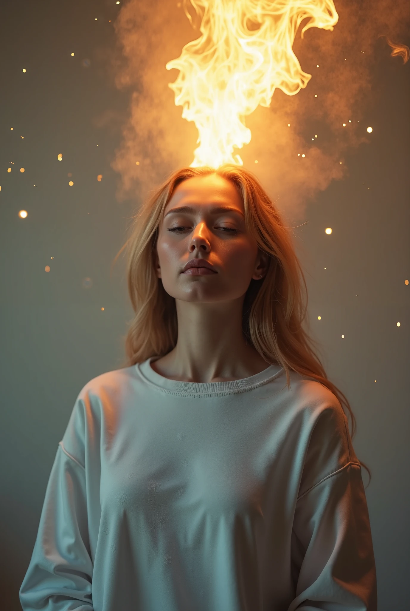 Create Image of Casually Dressed Woman,with a sweatshirt on the front receiving the spirit of God inside him,from his head on top a tongue of fire,Around her a light flame, very soft and delicate