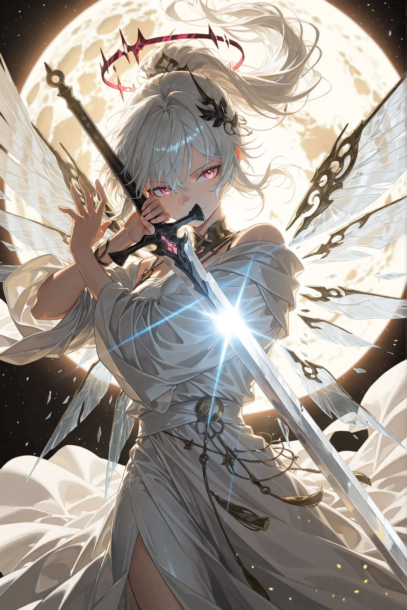 style of [arknights|(748cmstyle:0.88)], god rays, vivid colours, light stream, colour splotches, cinematic shot, mature, young adult, masterpiece, best quality, amazing quality, very aesthetic, high resolution, ultra-detailed, absurdres, (hands:-0.15),
(1girl, young adult, female:0.95), solo, alone,(dynamic pose upper body focus, dutch angle, action shot, three quarter view, close up, cowboy shot:1.2),(JingliuBren:0.44), white hair, ponytail, (ice wing,dynamic wings:0.88), angel, (holding sword upright, sword stance, holding sword in front of eyes, reflection:1.3), ice angel, fallen angel, broken angel,ice shards, asymmetrical ice sword, (greek sword, spatha, xiphos, broken moon:1.33), asymmetrical lunar sword, (red moon, blood moon:0.55), corrupted halo, white toga, hair ornament greek priestess, dress red eyes, gold eyes, pink eyes, novuschroma79 style, glitch art photo
BREAK, depth of field, volumetric lighting
 