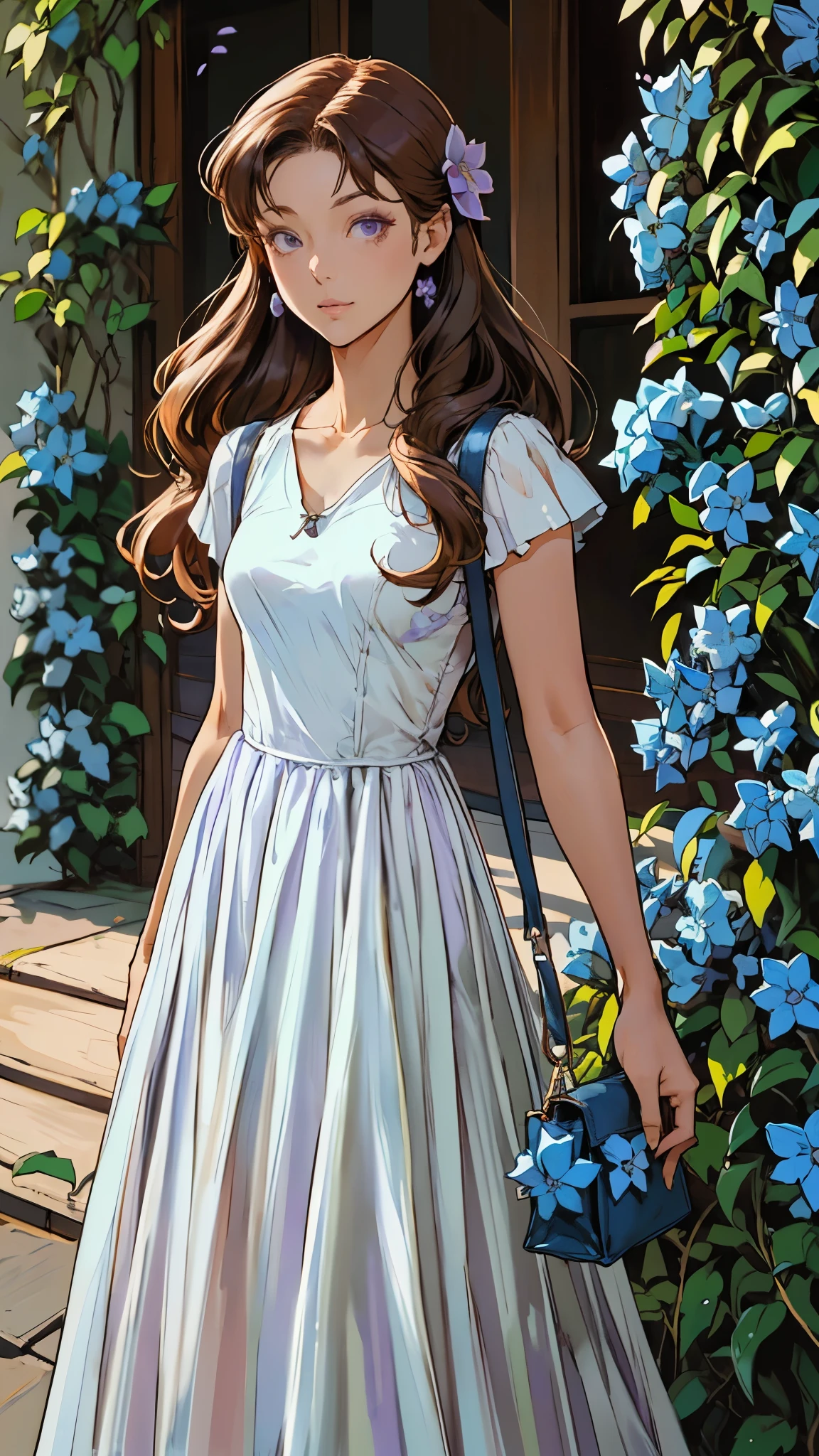 girl, white dress, simple dress, round neckline, long hair, brown hair, looking at viewer, shoulder bag, (lilac flowers:1.4),
