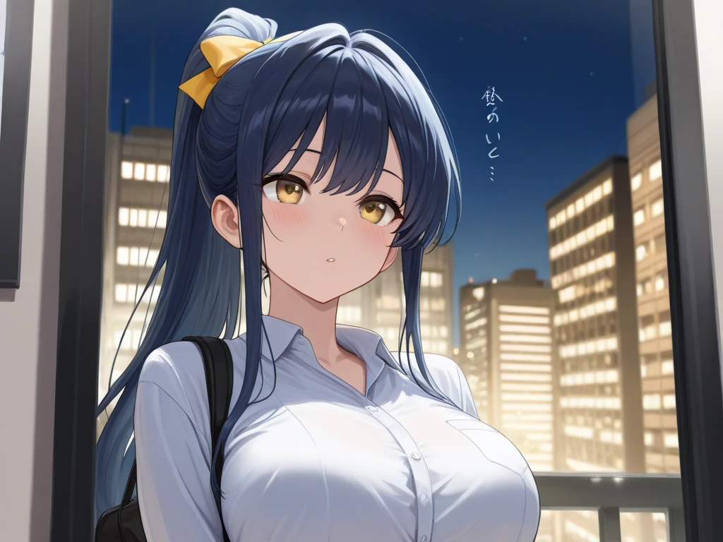 best quality, high resolution, (huge breasts:1.2), city, karin kakudate, very dark skin, halo, very long hair, tattoo, school uniform, blue cardigan, blue bow, pleated skirt, smile