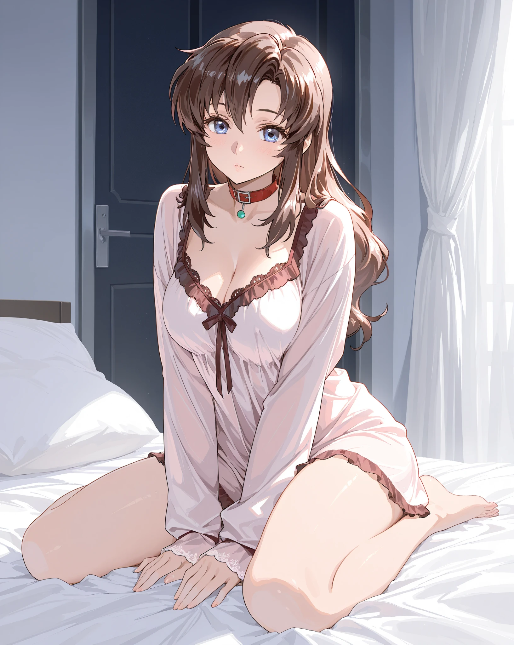 DETAILED, DENSE, MASTERPIECE, one girl, beautiful, wearing white cardigan, one girl lying on bed with blanket, brown hair, 22 years old, smooth skin, glowing skin, glowing hair, clear eyes, glowing eyes, brown eyes, soft lips, pale pink lips, (viewer Looking down: 0. 8) smiling slightly, cheeks stained, shy, mouth open, bangs, white sleeves, white clothing, one girl, soft skin, large breasts, glowing skin, cinematic lighting, rich lighting, room lighting, simple gold necklace, diamond necklace, white Lace bra, white lace panties, white lace underwear, high angle, low angle, (Masterpiece: 1.0), (Realistic: 1.6), (Soft Focus: 1.5)