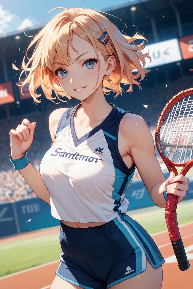 Best Quality, masutepiece, High resolution, (Anime Heroine Illustration), Anime Paint, 1beautiful girl ,Dynamic Angle,Female table tennis players ,small head,Large breasts,Smart body,nice legs, Glowing skin, Sweat,At the table tennis venue ,(Detailed beautiful face:1.4),detailed skins,Detailed eyes,detailed hairs,