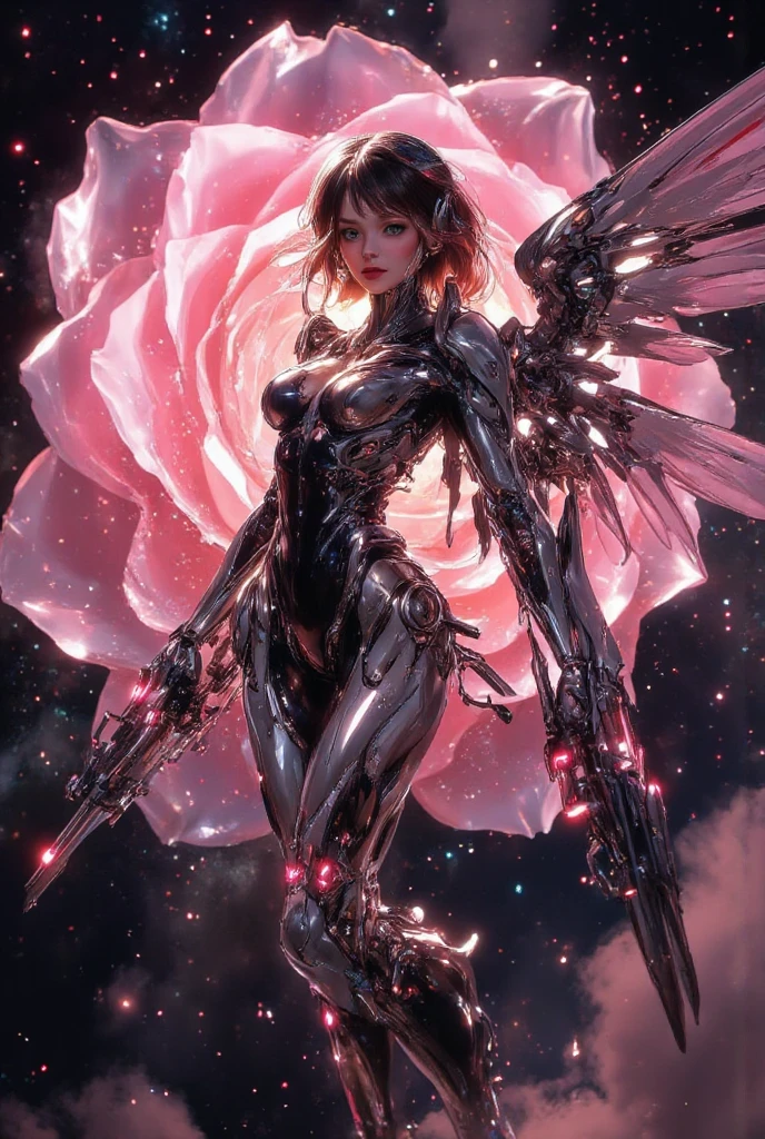 a beautiful angel, majestic appearance, she wears  mechanical suit, mechanical big wings, she is flying in the space, the background is a galaxy shaped like a pink Rose, pink stars, animeart, masterpiece, best quality, amazing quality, very aesthetic, newest, highly detailed, high-resolution, volumetric lighting, cinematic.